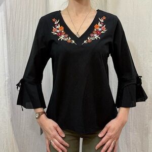 Embroidered Black Floral Embroidery Top with Bell Sleeves New With Tags